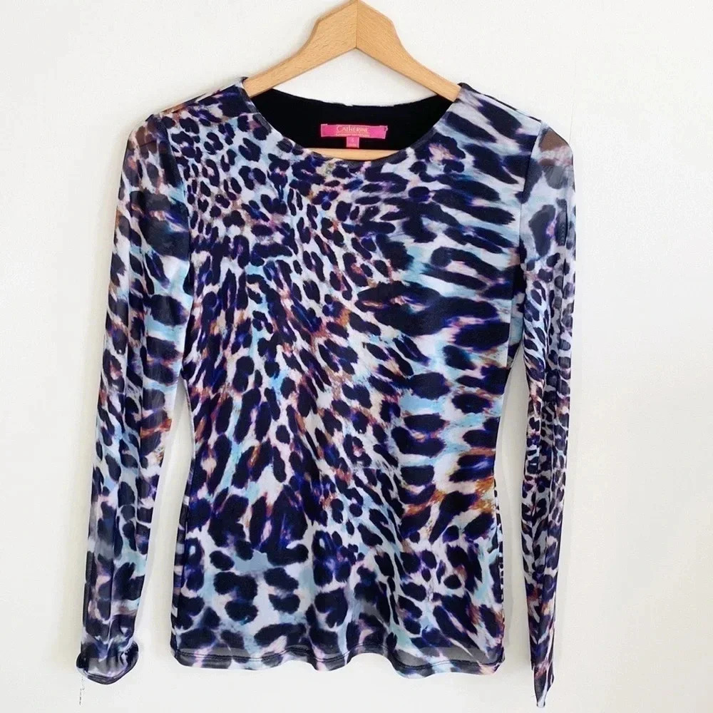 Catherine Malandrino Blue Purple Animal Print Long Sleeve Top
